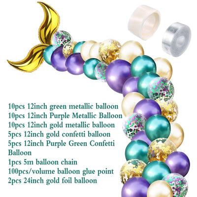 Assorted mermaid-themed metallic and confetti latex balloons in purple, green, and gold, including a balloon chain and glue points for easy decoration setup.