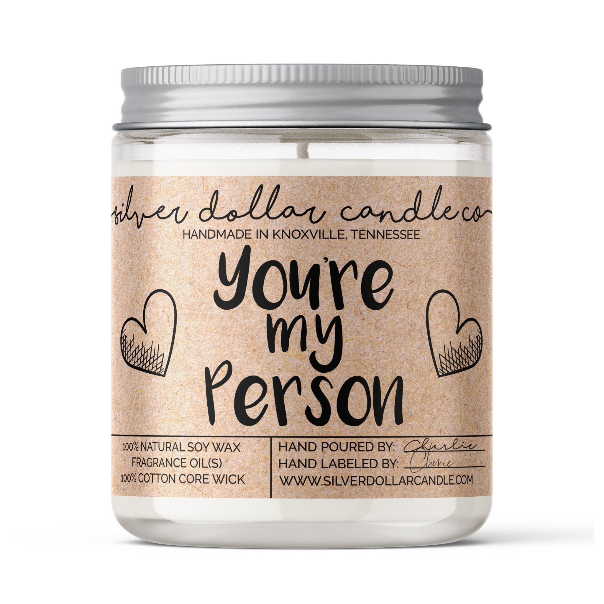 Custom 'You're My Person' scented soy candle with heart designs, presented in a box, available in various fragrances, handmade in Knoxville.
