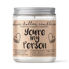 Custom 'You're My Person' scented soy candle with heart designs, presented in a box, available in various fragrances, handmade in Knoxville.