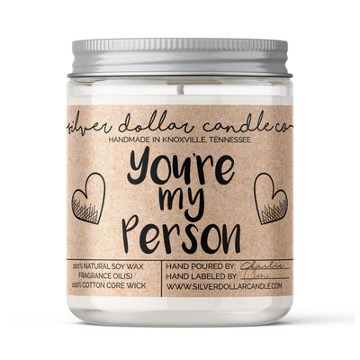 Custom 'You're My Person' scented soy candle with heart designs, presented in a box, available in various fragrances, handmade in Knoxville.